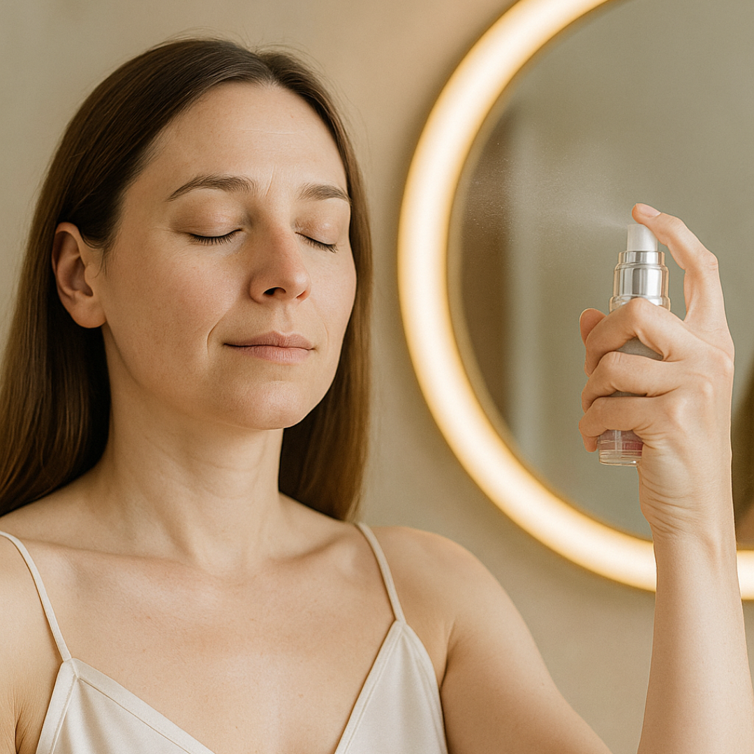 Woman applying hydrating facial mist to her face in front of a round mirror with a warm glow.